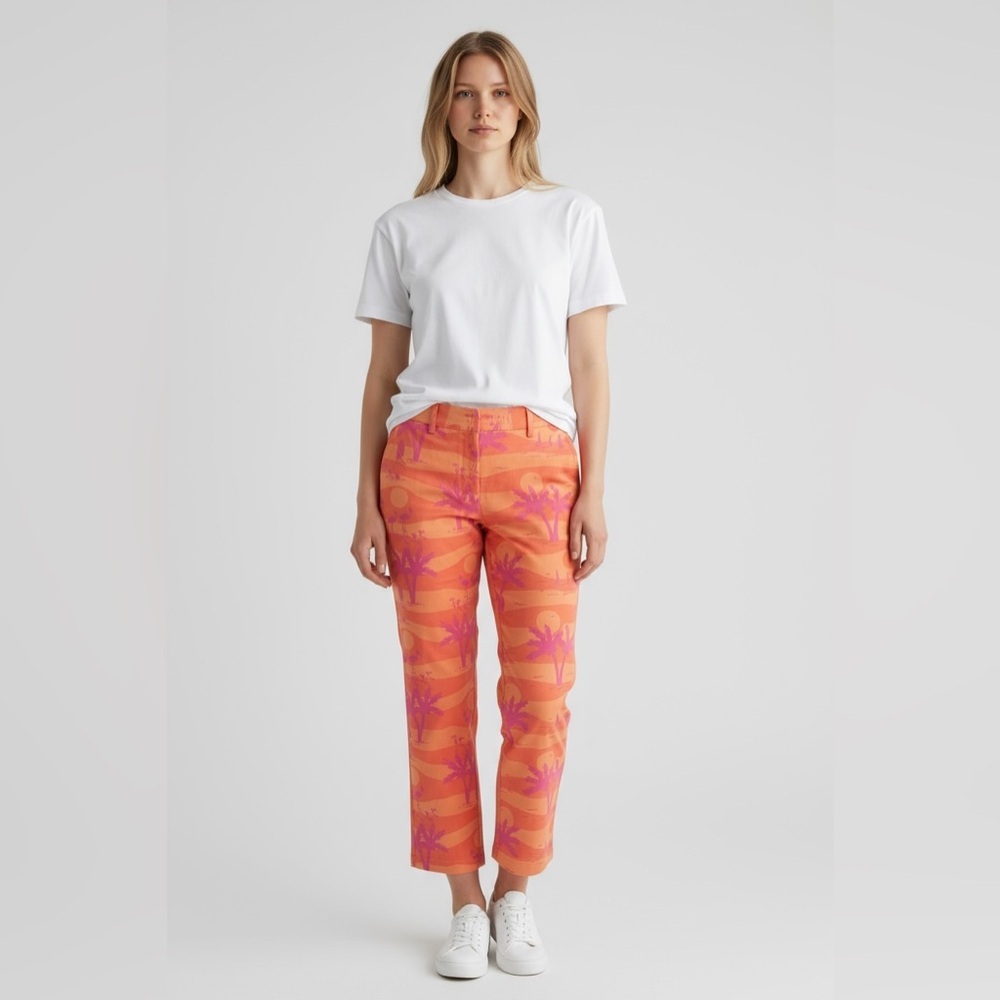 Lilly Pulitzer Palm Tree Print Pants Orange Pink Tropical Cotton Stretch Size 8
